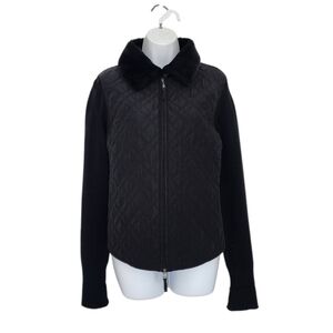 Vintage Effeci Mixed Fabric Full Zip Sweater Jacket Black Medium Faux Fur Collar